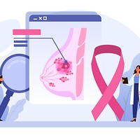 grafika z przekrojem piersi kobiecej. Po prawej stronie różowa wstążka, międzynarodowy symbol świadomości raka piersi. Po lewej stronie lupa.